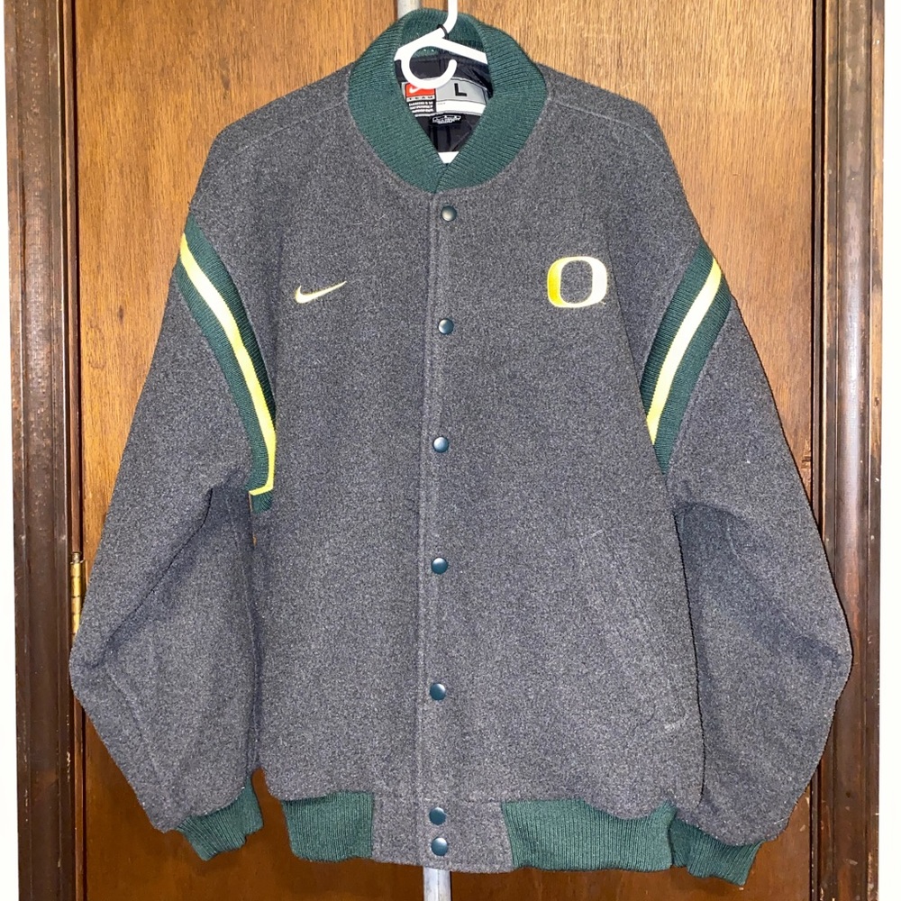 Large Mens Nike Oregon Grey Button Down Bomber Jacket Excellent Condition